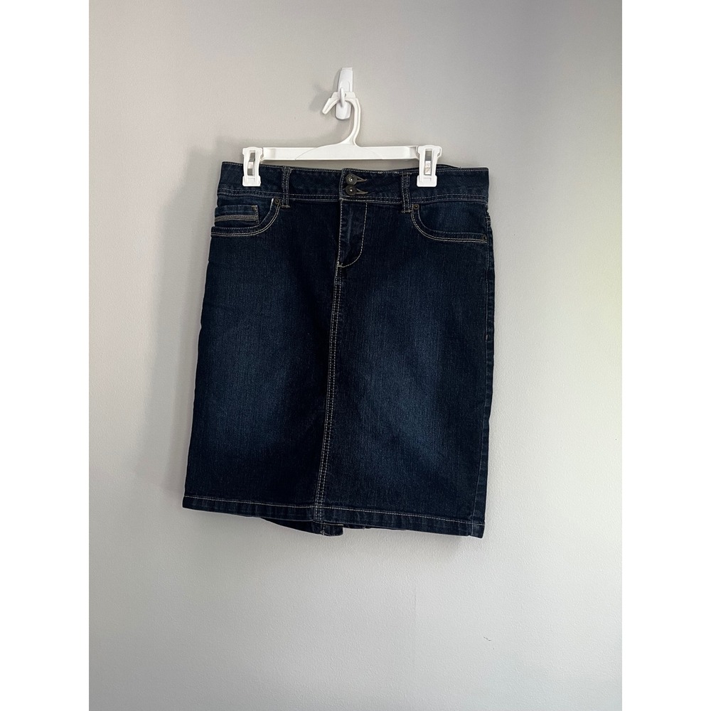 Baccini Womens Dark Wash Denim Pencil Skirt Double Button Stretch Size 8 Indigo
